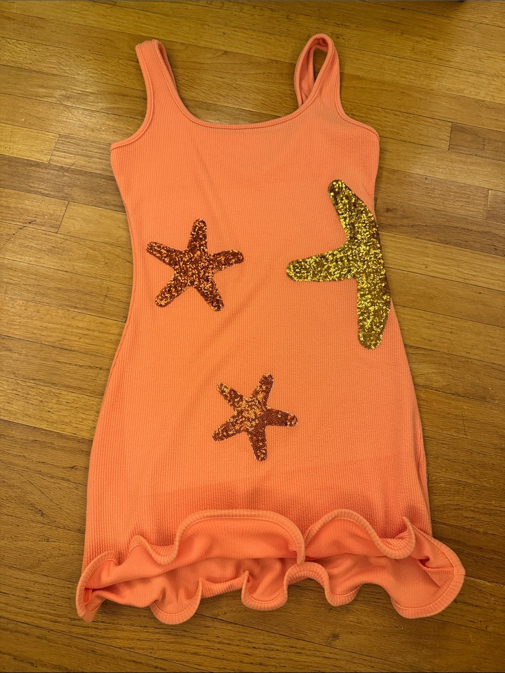Sequin Starfish Ribbed Mini Tank Dress Peach Coral Wire Ruffle Trim Size Small
